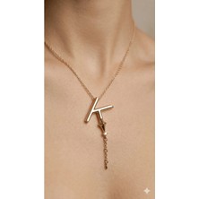 Stainless Steel 316L Altın Kaplama Çelik Taşlı K Harf Kolye (Kararmaz, Paslanmaz)