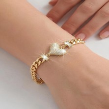 14K Altın Kaplama Işıltılı Zirkon Taşlı Kalp Figürlü Zincir Bileklik