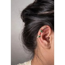 Ascera Zümrüt Damla Taşlı Paslanmaz Çelik Deliksiz 2li Kıkırdak Küpe (Ear Cuff) Seti – Gold Kararmayan Model