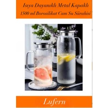 Lufern Özel Üretim 1500 ml Borosilikat Cam Su Sürahisi Metal Kapaklı ve Isıya Dayanıklı Çay Meyve Suyu
