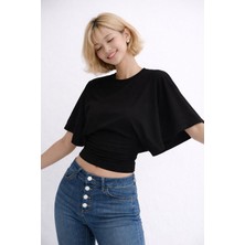 Avakado Bele Oturan Toparlayıcı Crop Bluz Geniş Kollu Üst