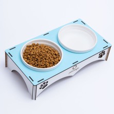 Petmagic Ahşap, Beyaz Seramik Kaseli Kedi, Mini Irk Köpek Mama Kabı, Açık Mavi