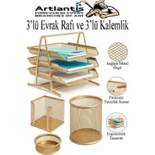 Artlantis Altın Sarı Metal Evrak Rafı 3 Lü ve Masaüstü Kalemlik 3 Lü 1 Paket Masaüstü A4 Dosya 3 Katlı Düzenleyici Kağıt Tepsisi