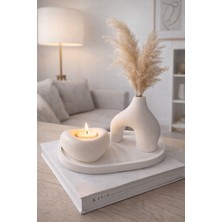 Dtm Home    3’lü Dekoratif Mumluk ve Vazo Seti – Iskandinav Minimal Tepsili Salon & Sehpa Dekoru