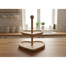 Hanım Ev Iki Katlı Bambu Sunumluk - Kurabiyelik Ikramlık Kahvaltı Sunumluk - 2 Katlı Bambu Sunumluk Kalpli