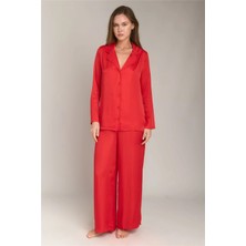 Lovely Things Geraldıne Saten Uzun Kol Gömlek Pantolon Set Pijama Takımı - Kırmızı