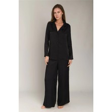 Lovely Things Geraldıne Saten Uzun Kol Gömlek Pantolon Set Pijama Takımı - Siyah