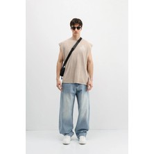 Vamos Baskılı Kolsuz Oversize Tişört Bej