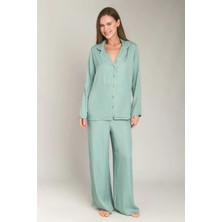 Lovely Things Darlene Saten Uzun Kol Gömlek Pantolon Set Pijama Takımı - Çağla Yeşili