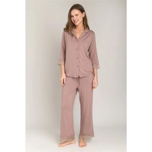 Lovely Things Sophıa Örme 3/4 Kol Gömlek Pantolon Set Pijama Takımı - Kahverengi