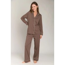 Lovely Things Nına Örme Uzun Kol Gömlek Pantolon Set Pijama Takımı - Acı Kahve