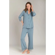 Lovely Things Sophıa Örme 3/4 Kol Gömlek Pantolon Set Pijama Takımı - Petrol