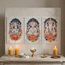 Hedea Bohem Hint Tanrıları Ahşap Tablo Serisi - 3 Parça Spiritüel Duvar Sanatı Seti - Ganesha, Vishnu, Krishna Özel Baskı Tablo