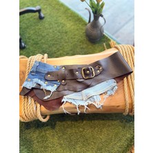 Yılday Gür Butik Elowen Kot Detaylı Kahverengi Deri Kemer - Denim Garnili Tasarım Bel Kemeri - Standart Beden