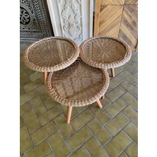 Ahşabın Ruhu Rattan Örme Cam Tablalı Yuvarlak 3’lü Sehpa Takımı