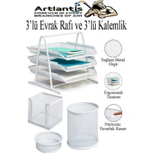 Artlantis Beyaz Metal Evrak Rafı 3 Lü ve Masaüstü Kalemlik 3 Lü 1 Paket Masaüstü A4 Dosya 3 Katlı Düzenleyici Kağıt Tepsisi
