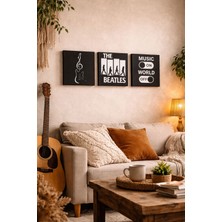Dekor Atölye Müzik Temalı 3’lü Duvar Dekoru 12X12 cm – Beatles, Gitar ve Music On World Off Tasarım Modern Tablo Seti