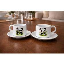 Tediks 2 Kişilik Panda Desenli Porselen Kahve ve Çay Fincanı Seti – Tabaklı ve Kaşıklı Türk Kahvesi Sunum Seti