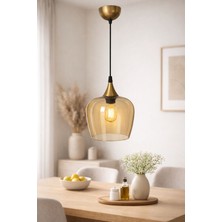 Mars Concept Modern Amber & Füme Cam Sarkıt Avize – Gold Detaylı Tekli Cam Avize | Mutfak & Salon Aydınlatma