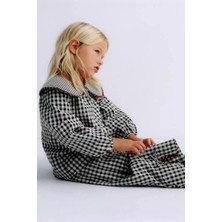 Magu Kız Çocuk Pamuklu Siyah Beyaz Pötikare Gömlek Pantolon Takım - Büyük Yakalı Fiyonk Detaylı