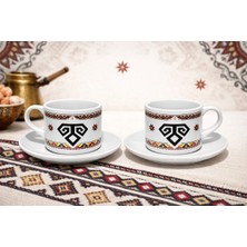 Tediks 2 Kişilik Porselen Çay Kahve Fincan Seti – Etnik Motifli Fincan, Tabak ve Kaşıklı Kahve Takımı