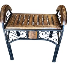 Otantik Çarşı Ahşap Ferforje Oymalı Semer Tabure