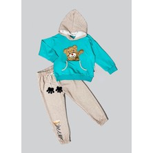 Diji Baby 2-3-4 Yaş Pelüş Ayı Desenli Kapşonlu Uzun Kollu Penye Sweat 2li Erkek Çocuk Takımı