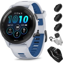 Garmin Forerunner 265 Gps, Whitestone/tidal Blue Sche With Deco Essentials Şarj Dock Venu 3 + Silikon Dust Cover + Round Tempered Glass Ekran Koruyucu