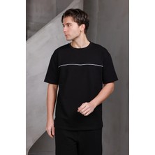 Dark Moda Erkek Garnili Şeritli Oversize Bisiklet Yaka 2 Iki Iplik Kompakt T-Shirt