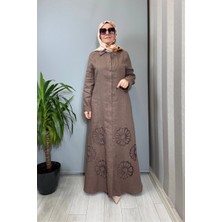 Clande Delik Işi Detaylı Keten Elbise Kahve 2601-5056