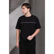 Dark Moda Erkek Garnili Şeritli Oversize Bisiklet Yaka 2 Iki Iplik Kompakt T-Shirt