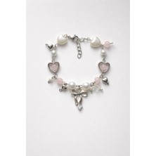 Trend Collection Incili Pembe Boncuklu Fiyonk & Kalp Charm Bileklik