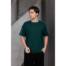 Dark Moda Erkek Şeritli Oversize Bisiklet Yaka 2 Iki Iplik Kompakt T-Shirt