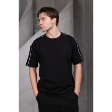 Dark Moda Erkek Şeritli Oversize Bisiklet Yaka 2 Iki Iplik Kompakt T-Shirt