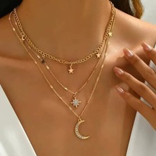 Trend Collection Gold Ay Yıldız Çok Katmanlı Kolye – Zirkon Taşlı Şık Zincir Kadın Kolye Seti