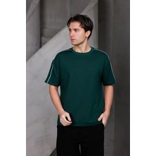 Dark Moda Erkek Şeritli Oversize Bisiklet Yaka 2 Iki Iplik Kompakt T-Shirt