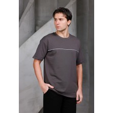 Dark Moda Erkek Garnili Şeritli Oversize Bisiklet Yaka 2 Iki Iplik Kompakt T-Shirt