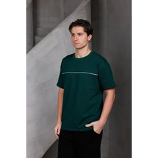 Dark Moda Erkek Garnili Şeritli Oversize Bisiklet Yaka 2 Iki Iplik Kompakt T-Shirt