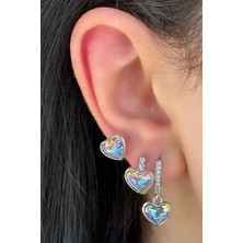 Kokoş Gümüş Renk Kalp Figürlü Taş Detaylı 3'lü Ysx Küpe Set