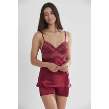Pierre Cardin Bordo Saten Dantelli Şort Babydoll Takım 415