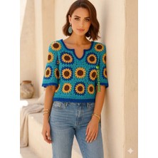 Megahan Butık Ayçiçek Motıflı Crochet El Orgu Bluz