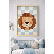 Bebişim Halı Erkek Çocuk Odası Aslan Tablo | Mavi Kareli Çocuk Odası Duvar Dekoru Ahşap Çerçeveli