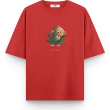 Overoz Teddy Bear Stay High Baskılı Yarı Oversize Unisex T-Shirt 1069