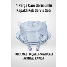 Mustran 4 Parça Cam Görünümlü Kapaklı Kek Servis Seti – Kırılmaz Akrilik, Bıçaklı ve Spatulalı