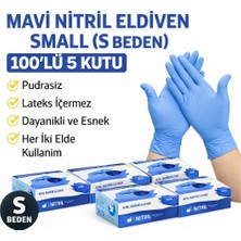 isiltikidsmoda Mavi Nitril Eldiven Small S Beden Pudrasız 100’LÜ 5 Kutu Tek Kullanımlık Muayene Eldiveni Lateksiz Koruyucu Eldiven Seti