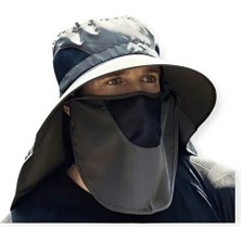 Mustran Güneş Koruyuculu Nefes Alabilen Maskeli Ve Boyun Kapaklı Geniş Kenarlı Balıkçı Şapkası Gri