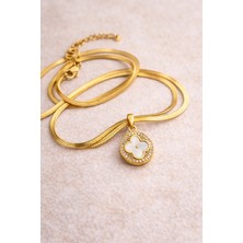 isiltikidsmoda Paslanmaz Çelik Yonca Kolye Model 8 – Gold Kaplama Sedef Görünümlü Zirkon Taşlı | Kararmaz Kadın Kolyesi