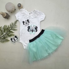 Diji Baby 9-12-18 Ay Payetli Kelebek Nakışlı Taçlı Kısa Kollu Tütü Etek 3lü Kız Bebek Takımı