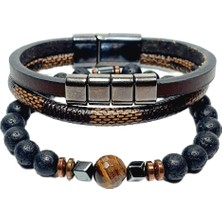 JTSS26BLK1796 Hakiki Deri Mıknatıslı Kilit Kaplangözü Lav Hematit Doğaltaş Kutulu Garantili Kombin Janti Bileklik