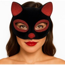 Siyah Renk Kırmızı Simli Süet Kaplama Kedi Maskesi 18X14 cm ARLSTRTCH-CERC3256